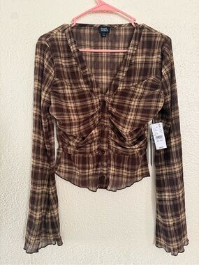 Beverly and Beck Brown Plaid Ruched Button-Down Shirt